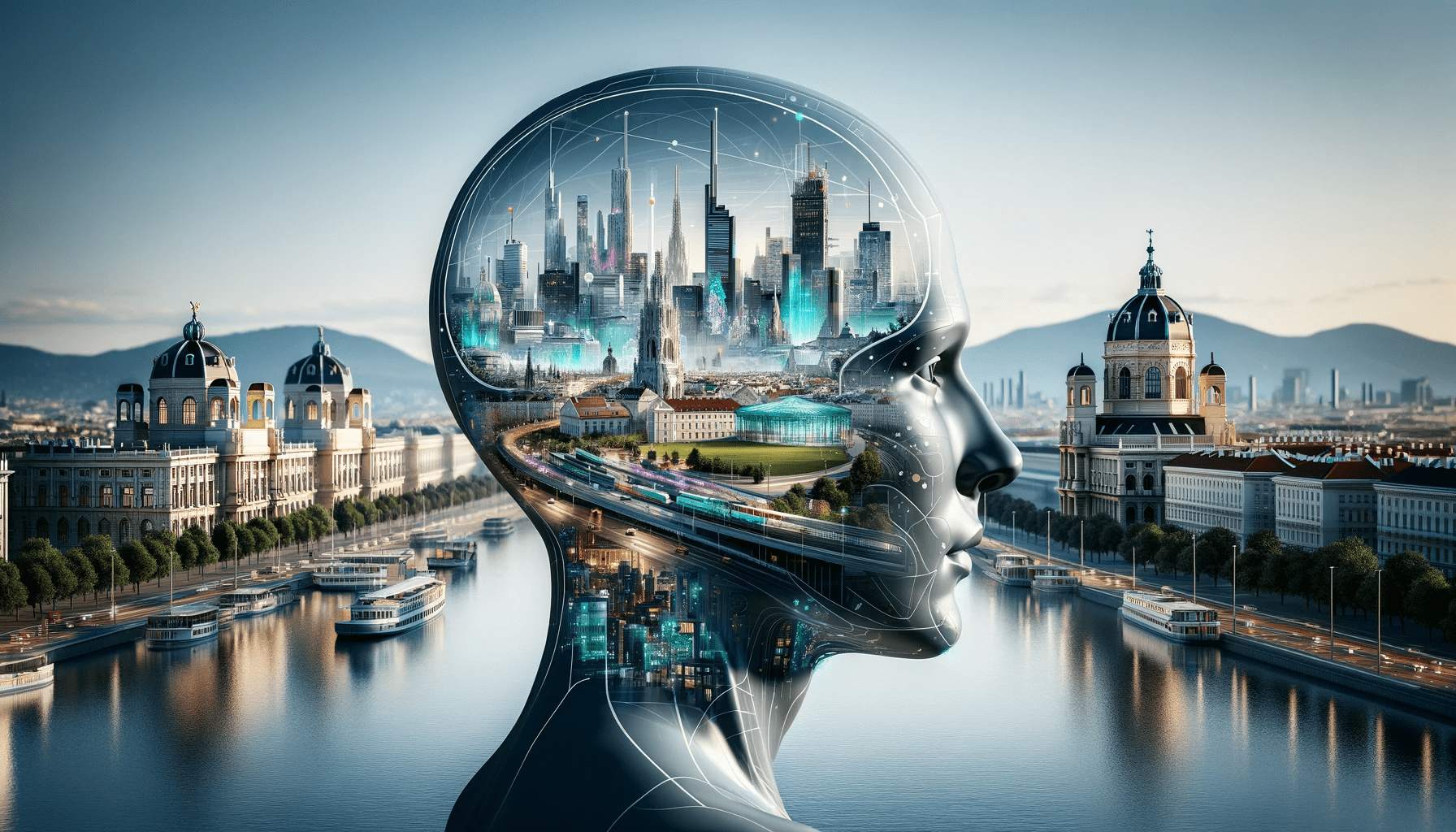 DALL·E 2023-11-30 17.23.52 – A futuristic representation of a human head with a transparent section, showcasing a mix of iconic Viennese buildings, Zinshäuser, and advanced futuri