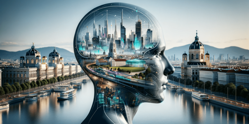DALL·E 2023-11-30 17.23.52 – A futuristic representation of a human head with a transparent section, showcasing a mix of iconic Viennese buildings, Zinshäuser, and advanced futuri